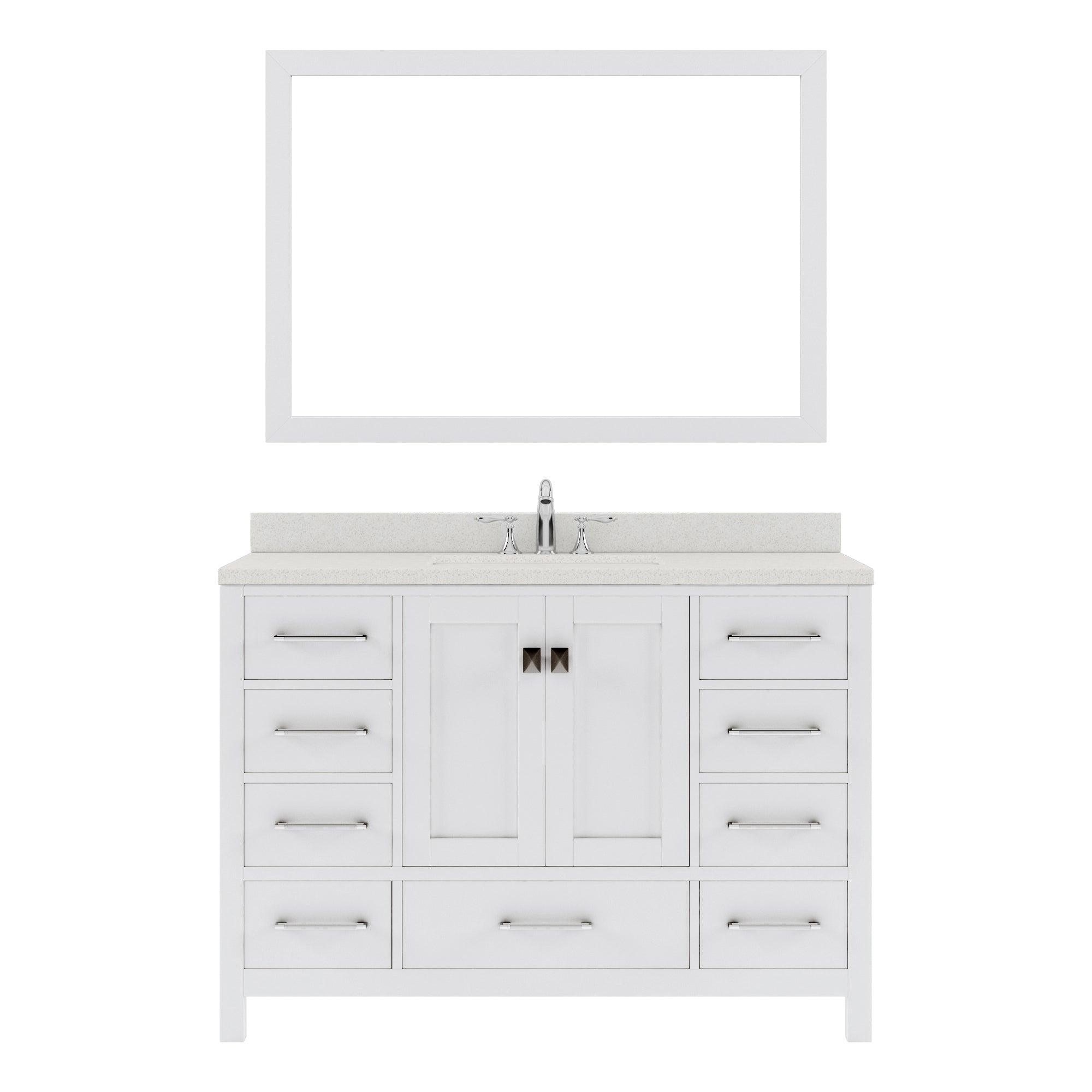 GS-50048-DWQSQ-WH White Caroline Avenue 48" Single Bath Vanity Set with Dazzle White Quartz Top & Rectangular Centered Basin, Mirror