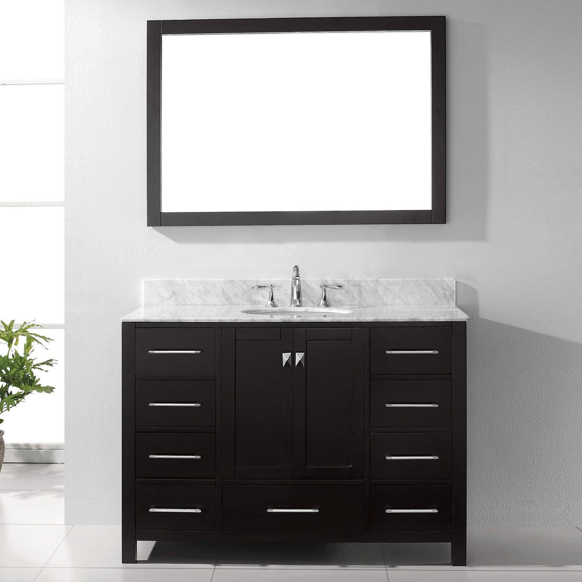 GS-50048-WMRO-ES Espresso Caroline Avenue 48" Single Bath Vanity Set with Italian Carrara White Marble Top & Oval Centered Basin, Mirror 1