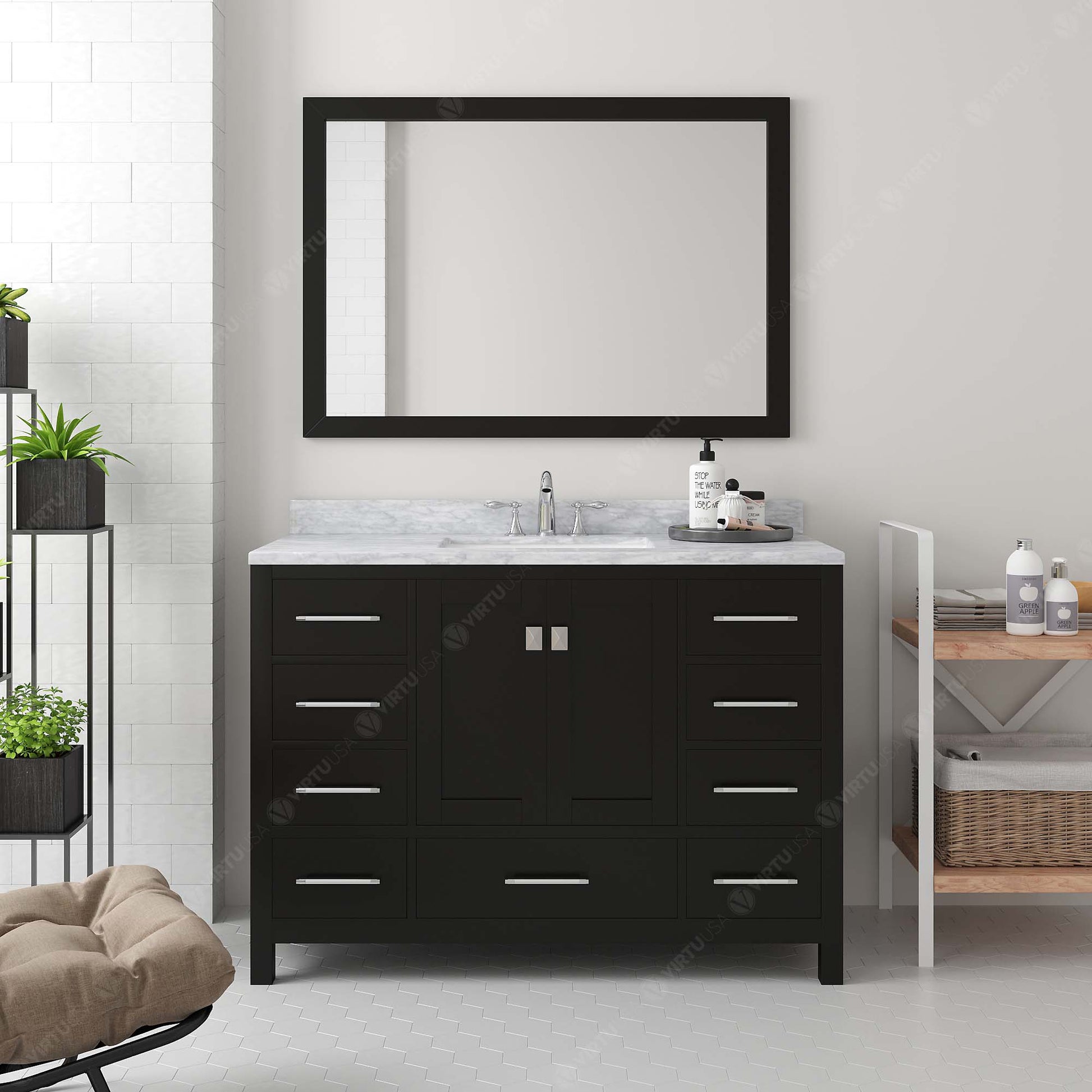 GS-50048-WMRO-ES Espresso Caroline Avenue 48" Single Bath Vanity Set with Italian Carrara White Marble Top & Oval Centered Basin, Mirror styled