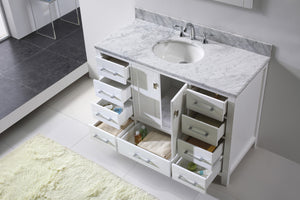 GS-50048-WMRO-WH White Caroline Avenue 48" Single Bath Vanity Set with Italian Carrara White Marble Top & Oval Centered Basin, Mirror open up