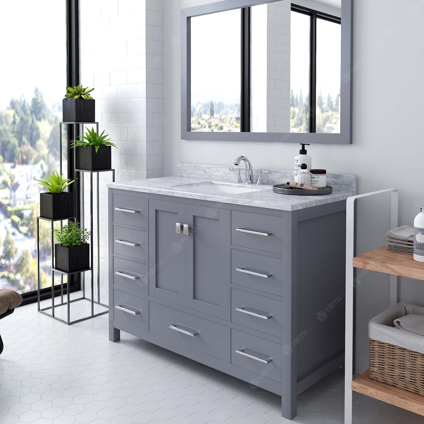 GS-50048-WMSQ-GR Gray Caroline Avenue 48" Single Bath Vanity Set with Italian Carrara White Marble Top & Rectangular Centered Basin, Mirror side