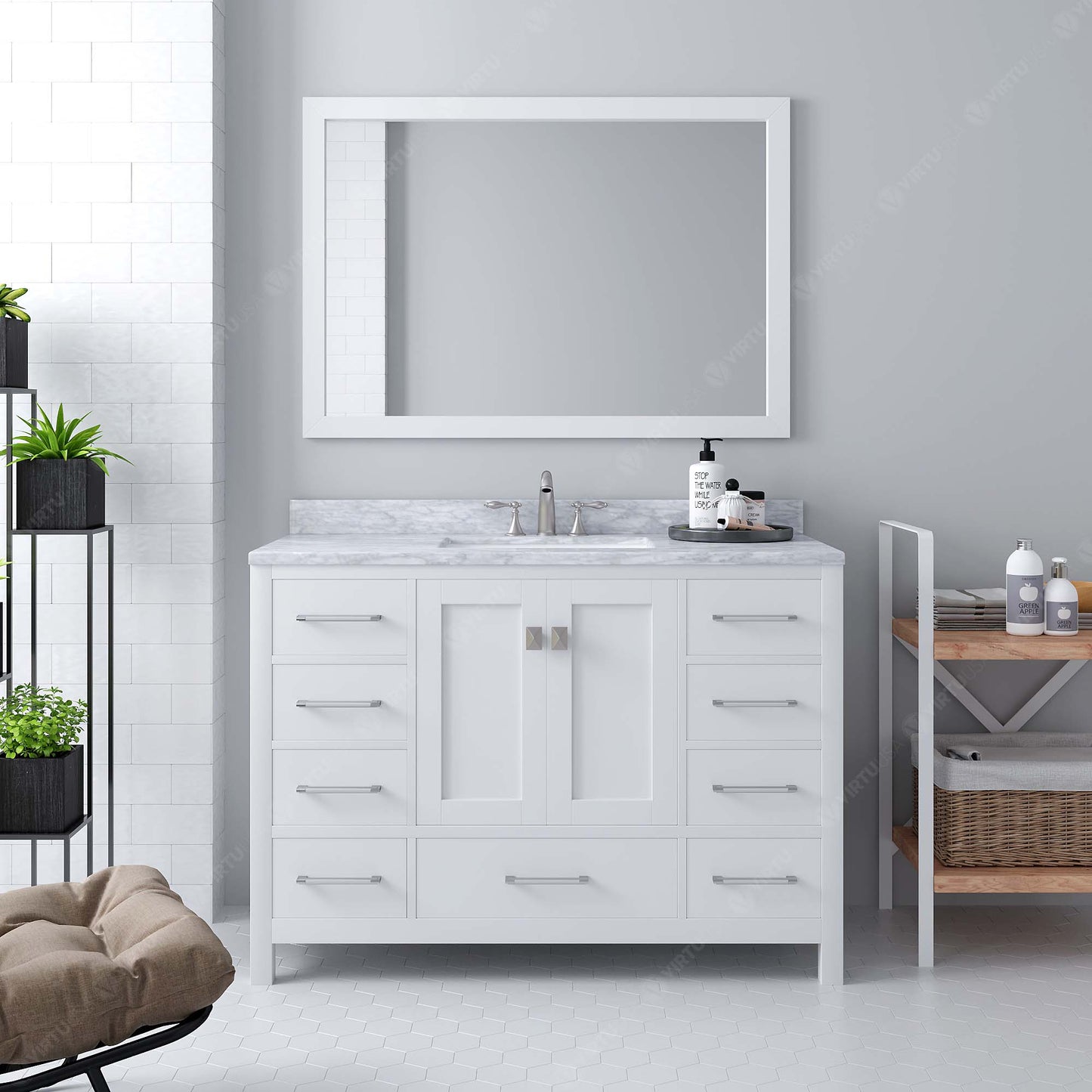 GS-50048-WMSQ-WH White Caroline Avenue 48" Single Bath Vanity Set with Italian Carrara White Marble Top & Rectangular Centered Basin, Mirror styled