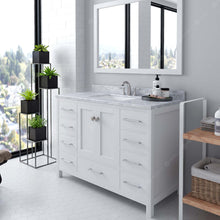 Load image into Gallery viewer, GS-50048-WMSQ-WH White Caroline Avenue 48&quot; Single Bath Vanity Set with Italian Carrara White Marble Top &amp; Rectangular Centered Basin, Mirror side