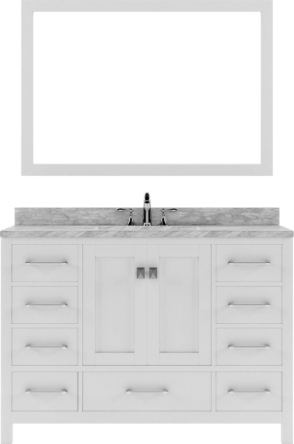 GS-50048-WMSQ-WH White Caroline Avenue 48" Single Bath Vanity Set with Italian Carrara White Marble Top & Rectangular Centered Basin, Mirror
