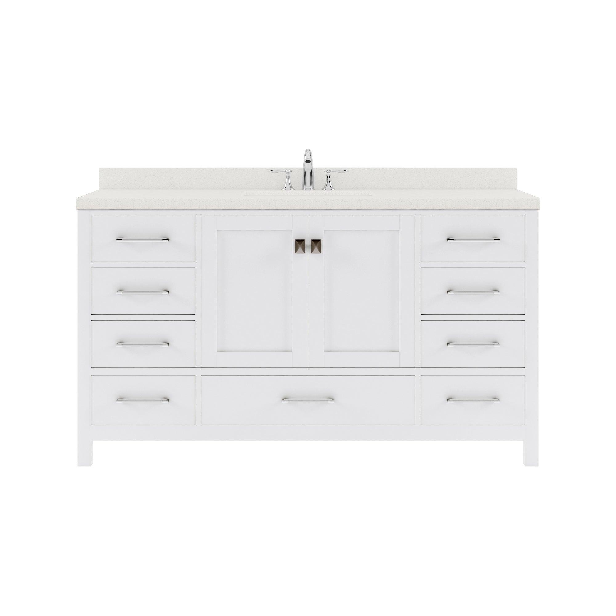 GS-50060-DWQRO-WH White Caroline Avenue 60" Single Bath Vanity Set with Dazzle White Quartz Top & Oval Centered Basin