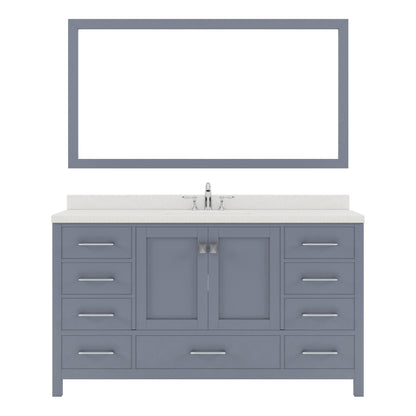 GS-50060-DWQSQ-GR Gray Caroline Avenue 60" Single Bath Vanity Set with Dazzle White Quartz Top & Rectangular Centered Basin, Mirror