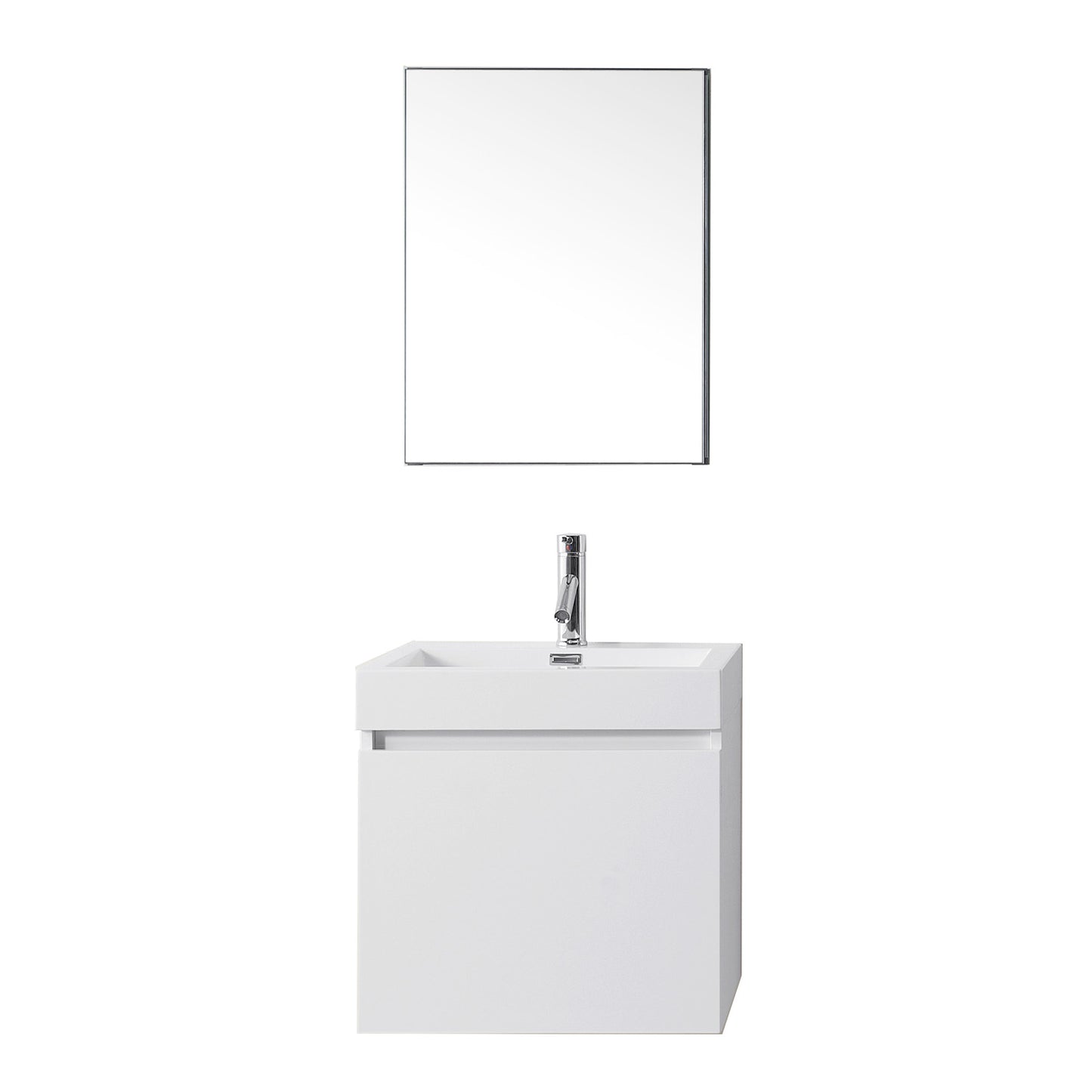 JS-50324-GW White  Zuri 24" Single Bath Vanity Set with White Polymarble Top & Rectangular Centered Basin, Mirror