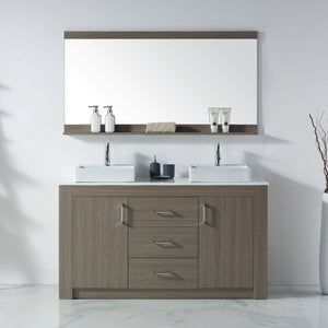 KD-90060-S-GO Gray Oak Tavian 60" Double Bath Vanity Set with White Engineered Stone Top & Rectangular Double Centered Basin, mirror