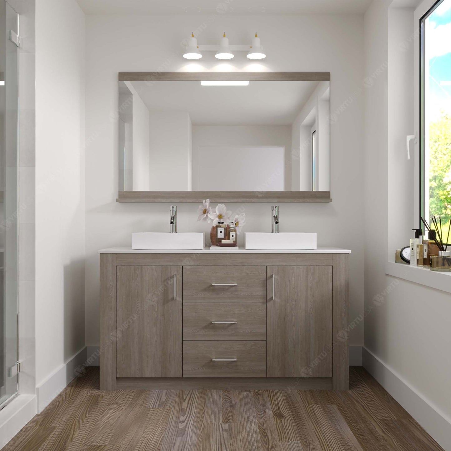 KD-90060-S-GO Gray Oak Tavian 60" Double Bath Vanity Set with White Engineered Stone Top & Rectangular Double Centered Basin, mirror