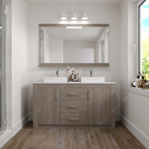 KD-90060-S-GO Gray Oak Tavian 60" Double Bath Vanity Set with White Engineered Stone Top & Rectangular Double Centered Basin, mirror