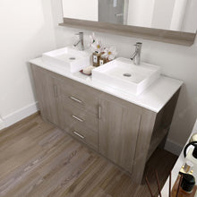 Load image into Gallery viewer, KD-90060-S-GO Gray Oak Tavian 60&quot; Double Bath Vanity Set with White Engineered Stone Top &amp; Rectangular Double Centered Basin, mirror up
