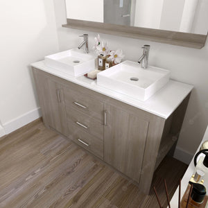 KD-90060-S-GO Gray Oak Tavian 60" Double Bath Vanity Set with White Engineered Stone Top & Rectangular Double Centered Basin, mirror up