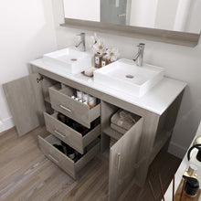 Load image into Gallery viewer, KD-90060-S-GO Gray Oak Tavian 60&quot; Double Bath Vanity Set with White Engineered Stone Top &amp; Rectangular Double Centered Basin, mirror open
