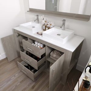 KD-90060-S-GO Gray Oak Tavian 60" Double Bath Vanity Set with White Engineered Stone Top & Rectangular Double Centered Basin, mirror open