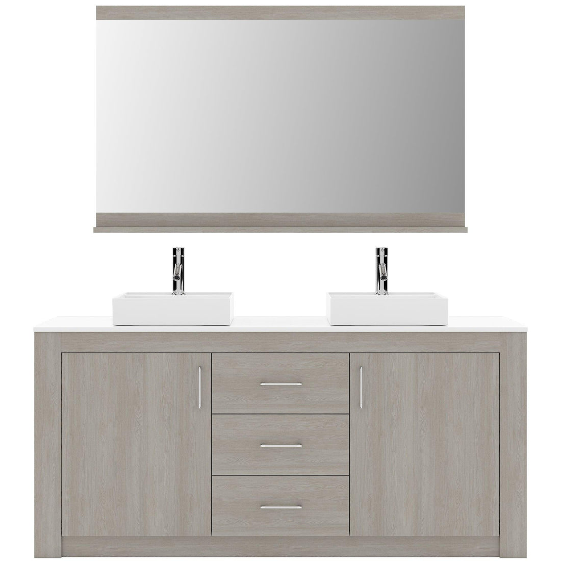 KD-90060-S-GO Gray Oak Tavian 60" Double Bath Vanity Set with White Engineered Stone Top & Rectangular Double Centered Basin, mirror