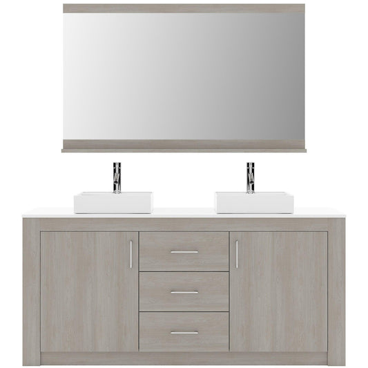 KD-90060-S-GO Gray Oak Tavian 60" Double Bath Vanity Set with White Engineered Stone Top & Rectangular Double Centered Basin, mirror