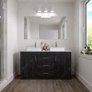 KD-90060-S-MO-NM Midnight Oak  Tavian 60" Double Bath Vanity Set with White Engineered Stone Top & Rectangular Double Centered Basin, mirror