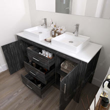 Load image into Gallery viewer, KD-90060-S-MO-NM Midnight Oak  Tavian 60&quot; Double Bath Vanity Set with White Engineered Stone Top &amp; Rectangular Double Centered Basin, mirror open
