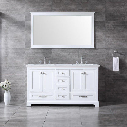 Dukes 60" White, Dark Grey, Navy Blue or Espresso Double Vanity, Available with White Carrara Marble Top, White Square Sink, 58" LED Mirror and Faucet - The Bath Vanities