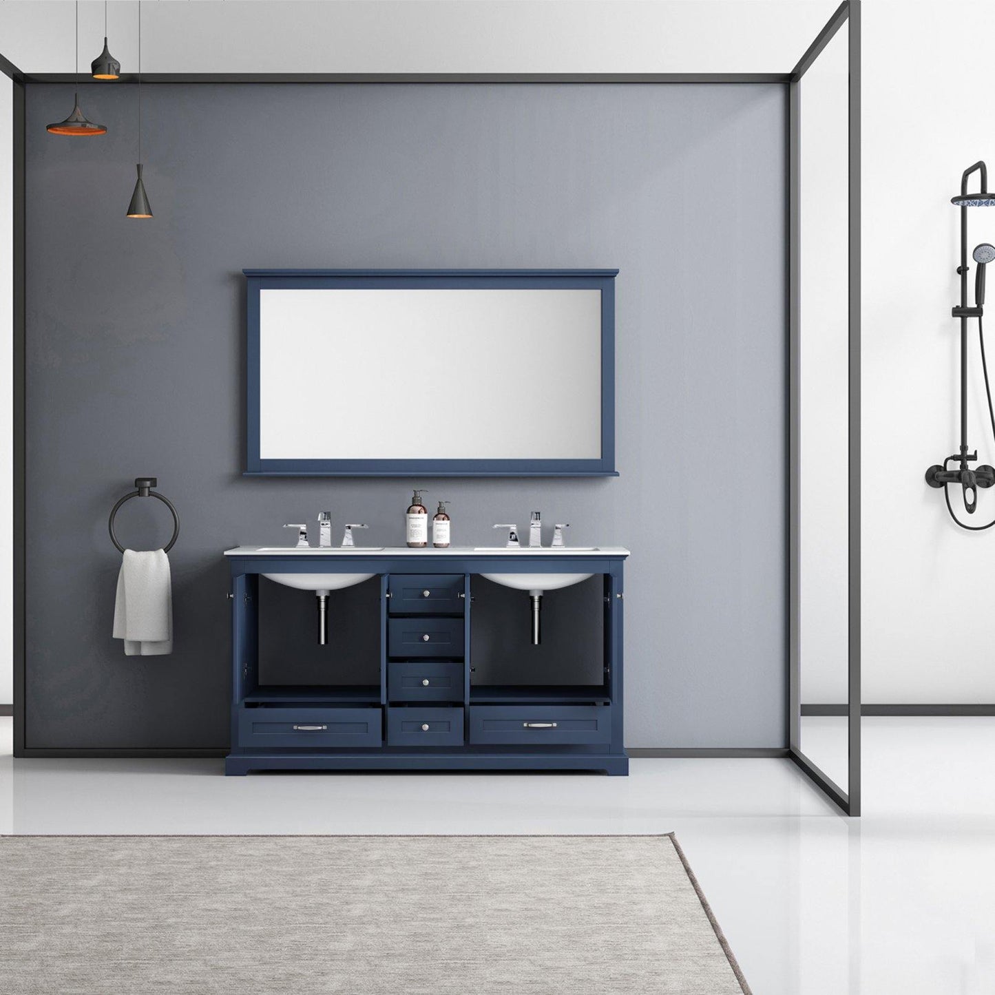 Dukes 60" White, Dark Grey, Navy Blue or Espresso Double Vanity, Available with White Carrara Marble Top, White Square Sink, 58" LED Mirror and Faucet - The Bath Vanities