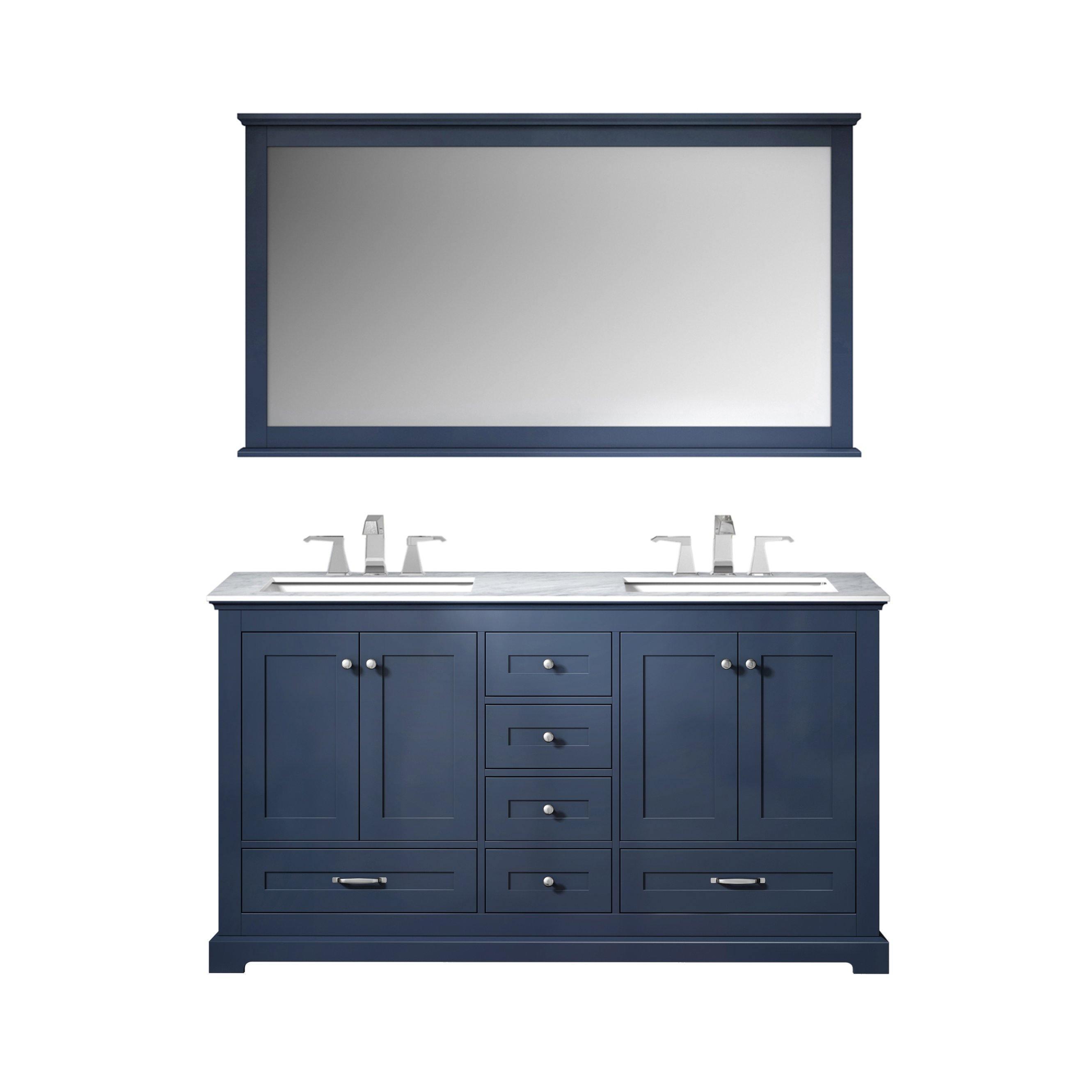 Dukes 60" White, Dark Grey, Navy Blue or Espresso Double Vanity, Available with White Carrara Marble Top, White Square Sink, 58" LED Mirror and Faucet - The Bath Vanities