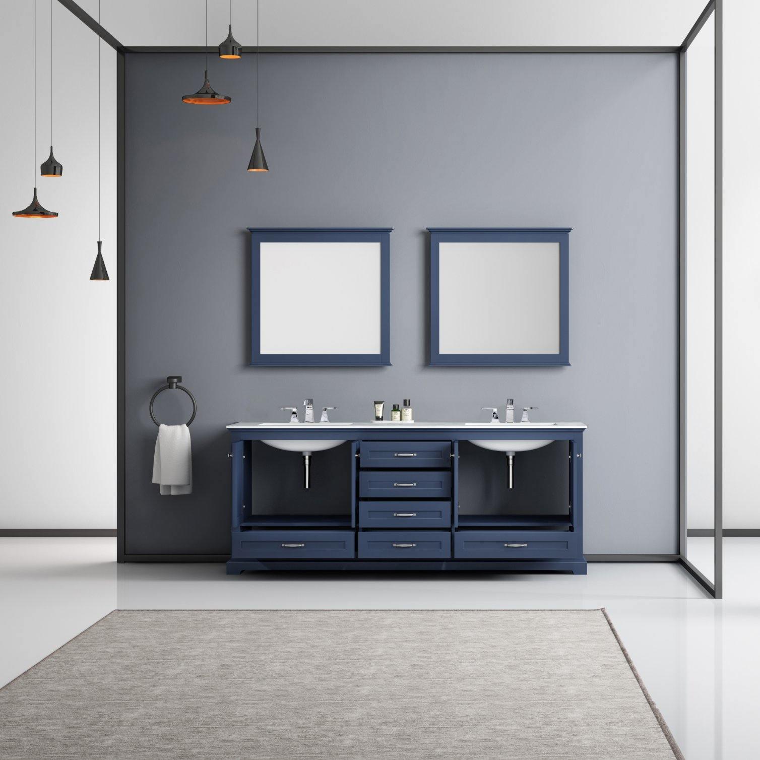 Dukes 80" White, Dark Grey, Navy Blue or Espresso Double Vanity, Available with White Carrara Marble Top, White Square Sink, 30" LED Mirror and Faucet - The Bath Vanities