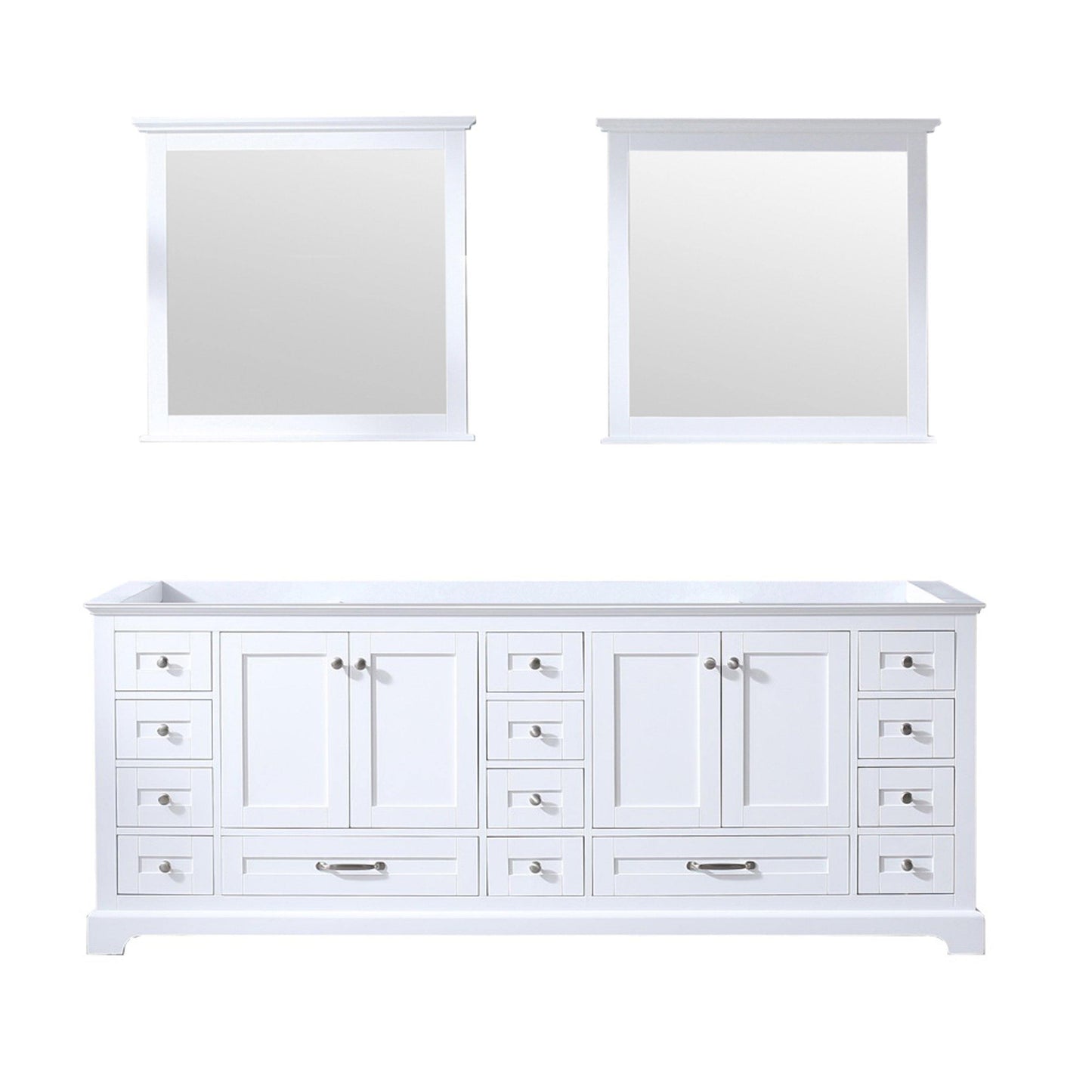 Dukes 84" White, Dark Grey, Navy Blue or Espresso Double Vanity, Available with White Carrara Marble Top, White Square Sink, 34" LED Mirror and Faucet - The Bath Vanities