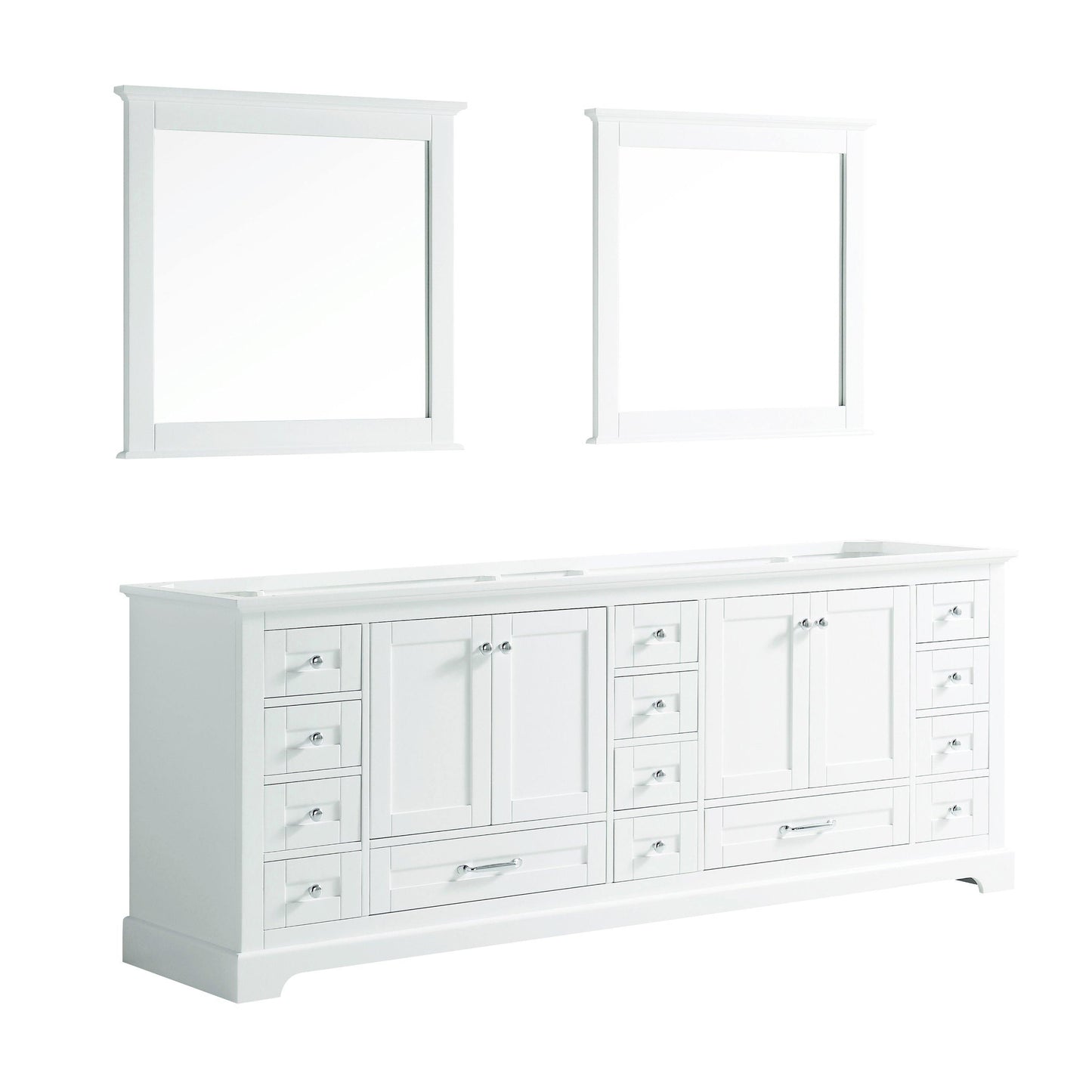 Dukes 84" White, Dark Grey, Navy Blue or Espresso Double Vanity, Available with White Carrara Marble Top, White Square Sink, 34" LED Mirror and Faucet - The Bath Vanities