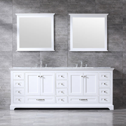 Dukes 84" White, Dark Grey, Navy Blue or Espresso Double Vanity, Available with White Carrara Marble Top, White Square Sink, 34" LED Mirror and Faucet - The Bath Vanities