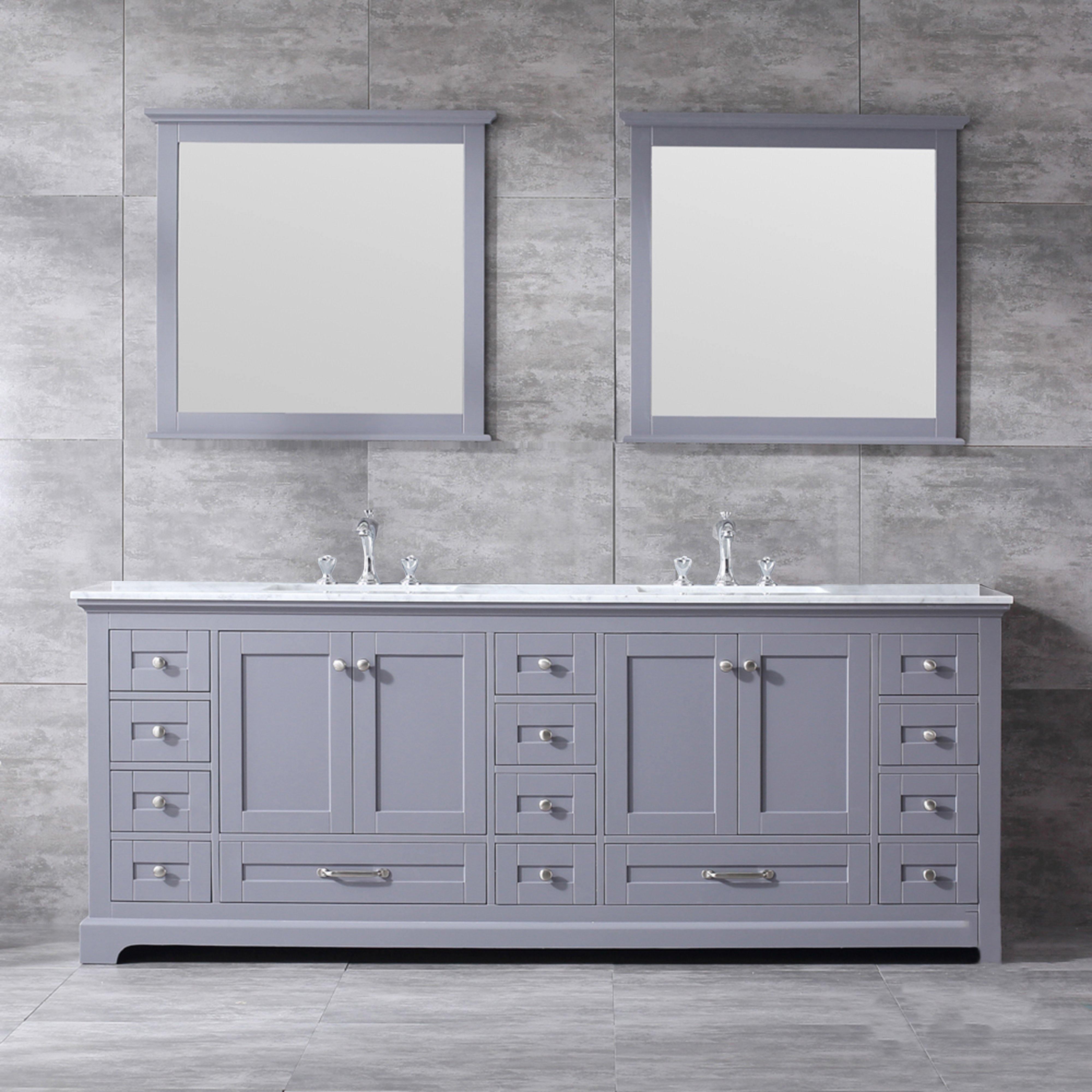 Dukes 84" White, Dark Grey, Navy Blue or Espresso Double Vanity, Available with White Carrara Marble Top, White Square Sink, 34" LED Mirror and Faucet - The Bath Vanities