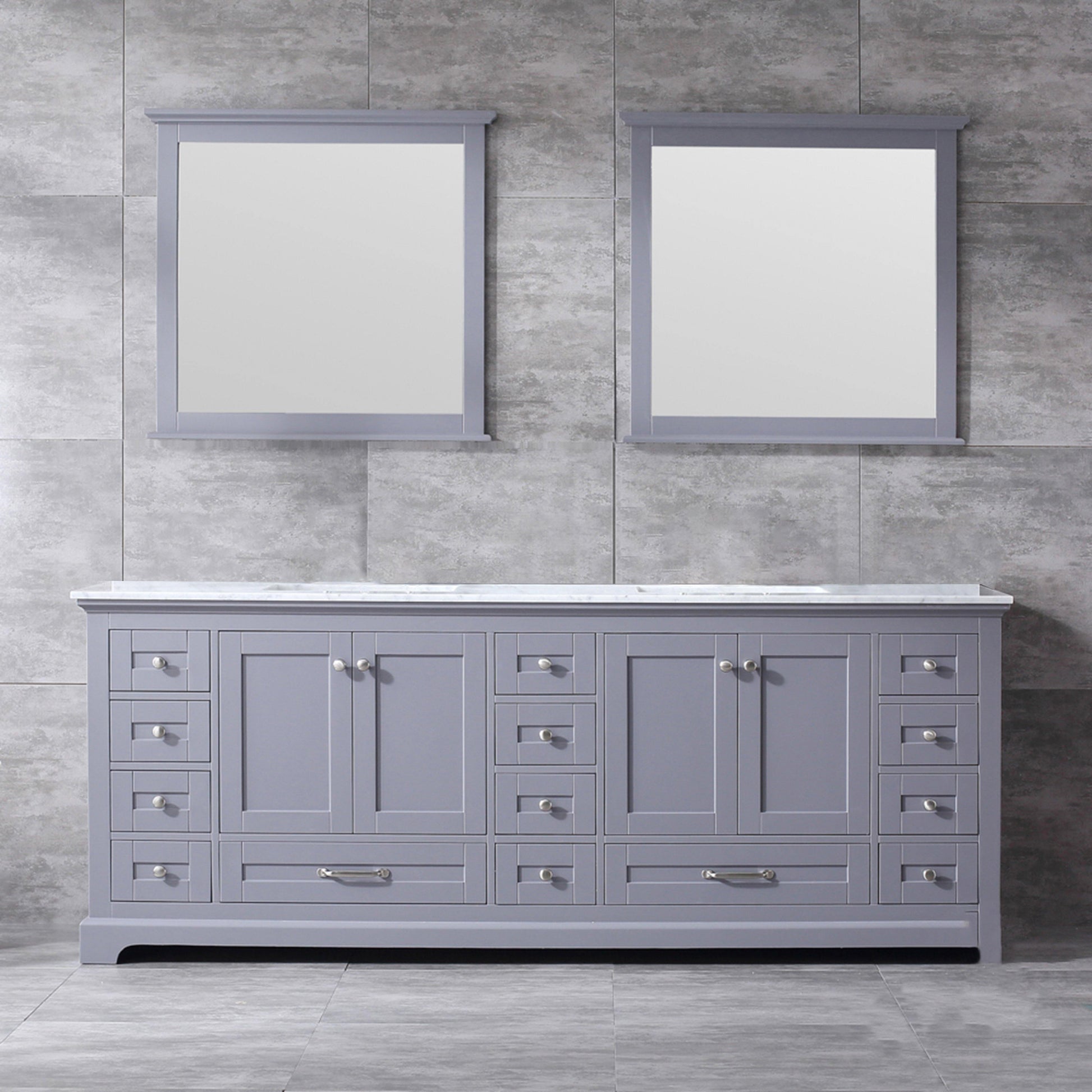 Dukes 84" White, Dark Grey, Navy Blue or Espresso Double Vanity, Available with White Carrara Marble Top, White Square Sink, 34" LED Mirror and Faucet - The Bath Vanities