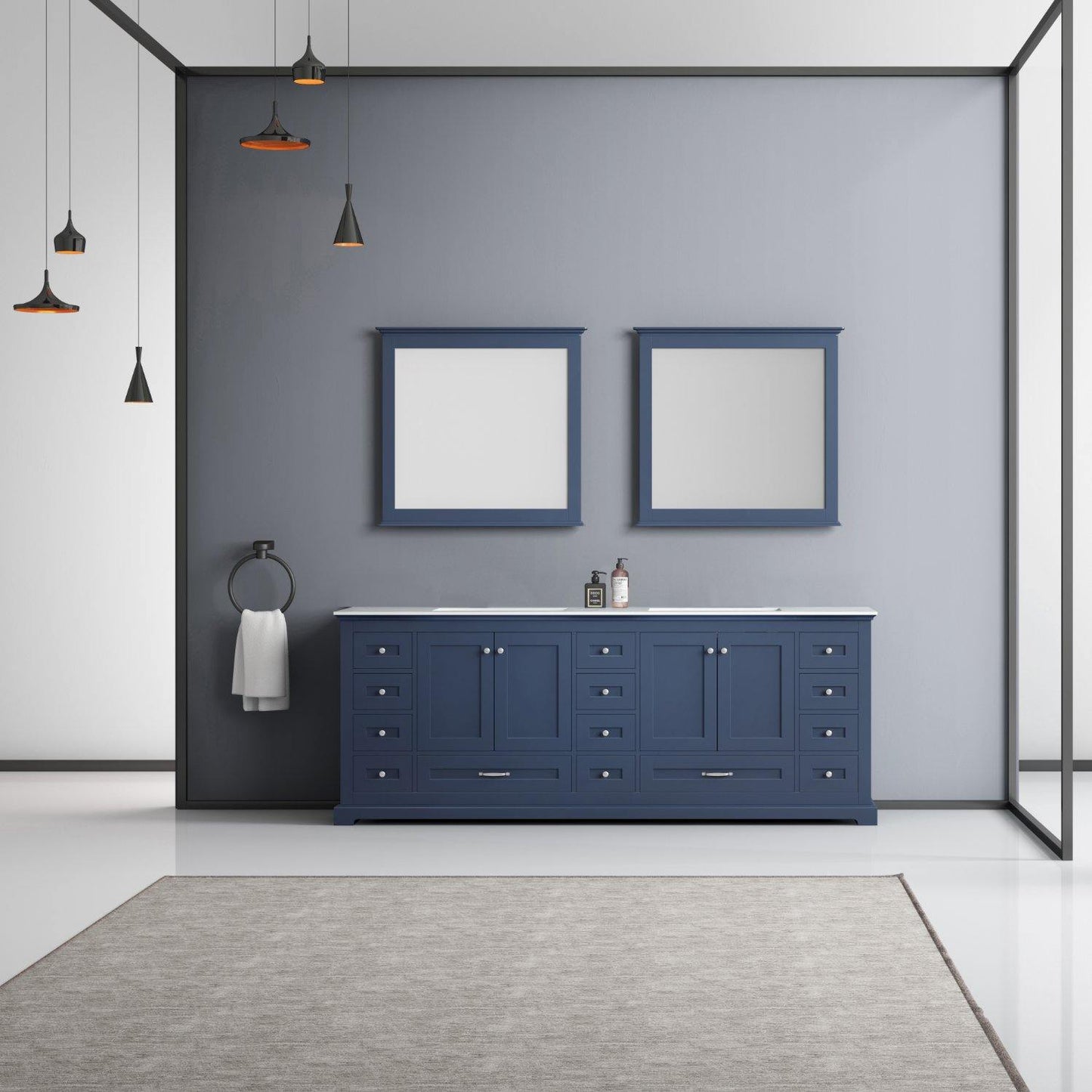 Dukes 84" White, Dark Grey, Navy Blue or Espresso Double Vanity, Available with White Carrara Marble Top, White Square Sink, 34" LED Mirror and Faucet - The Bath Vanities