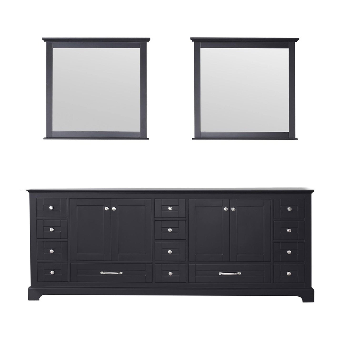 Dukes 84" White, Dark Grey, Navy Blue or Espresso Double Vanity, Available with White Carrara Marble Top, White Square Sink, 34" LED Mirror and Faucet - The Bath Vanities