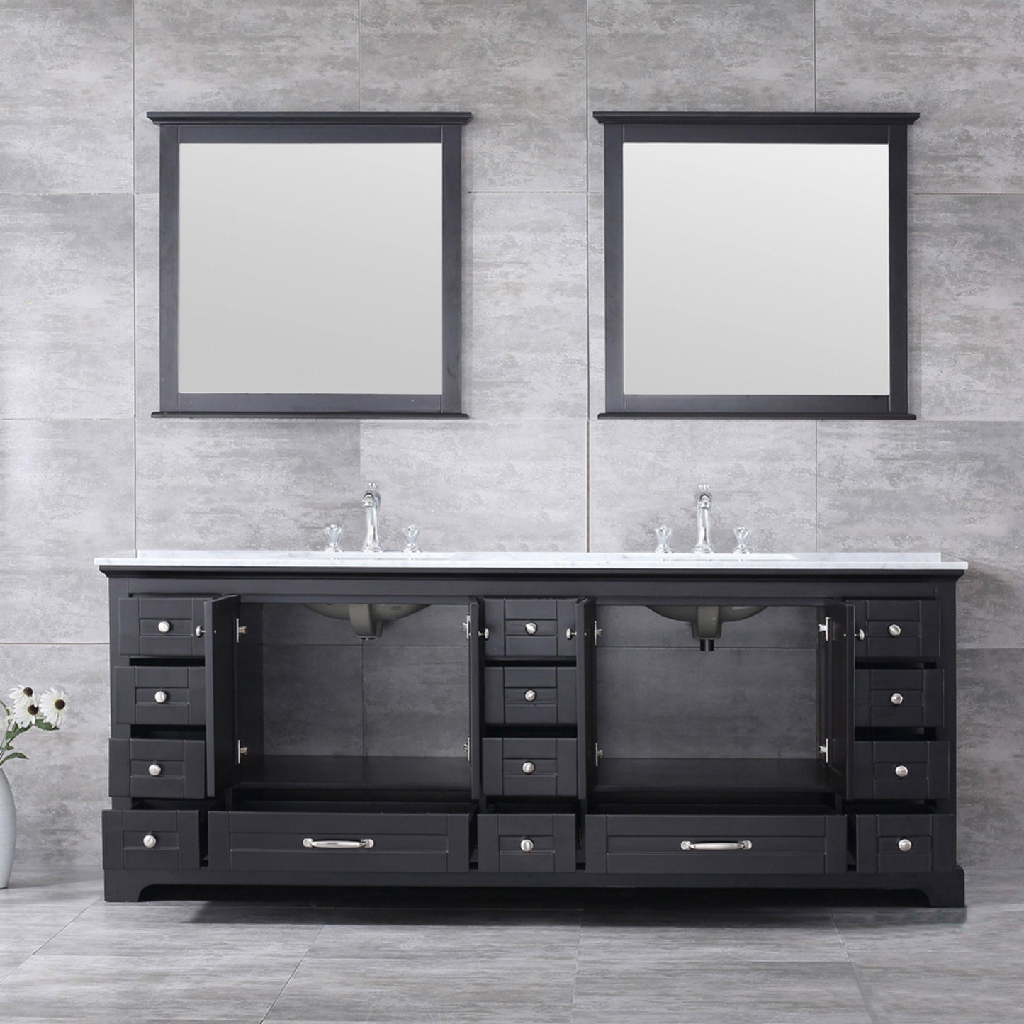 Dukes 84" White, Dark Grey, Navy Blue or Espresso Double Vanity, Available with White Carrara Marble Top, White Square Sink, 34" LED Mirror and Faucet - The Bath Vanities