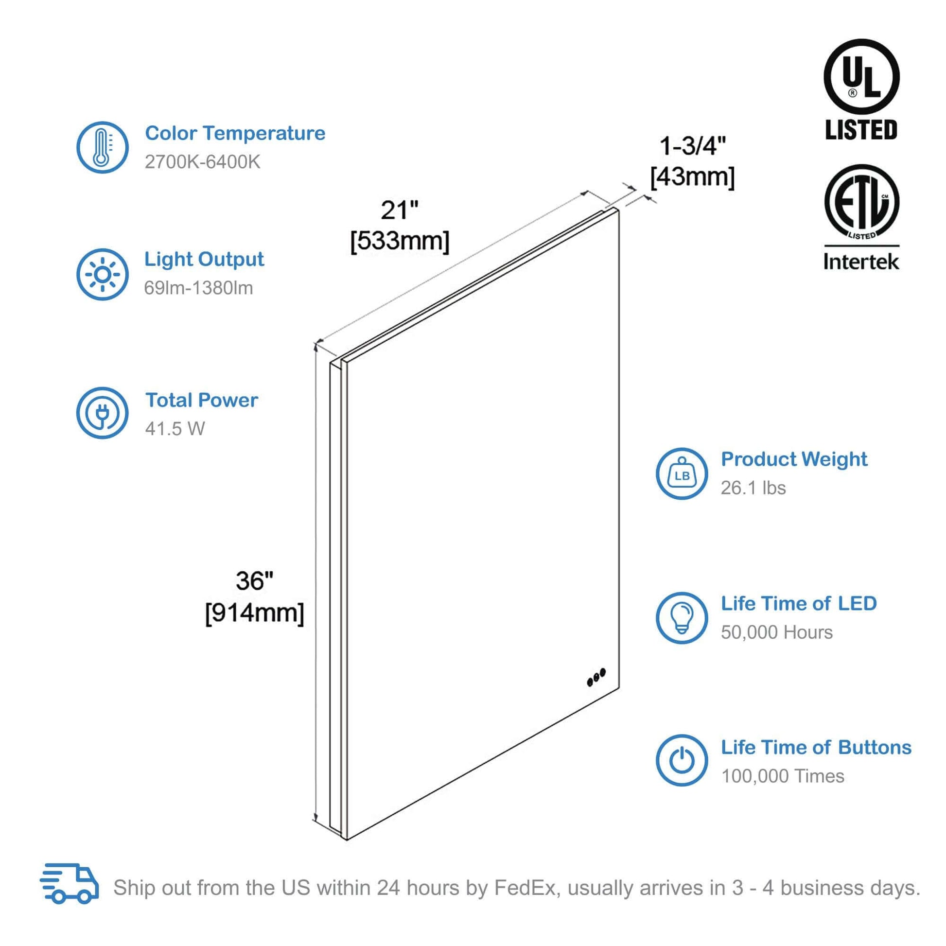 Blossom Beta LED Mirror Frosted Sides 21" x 36" spec