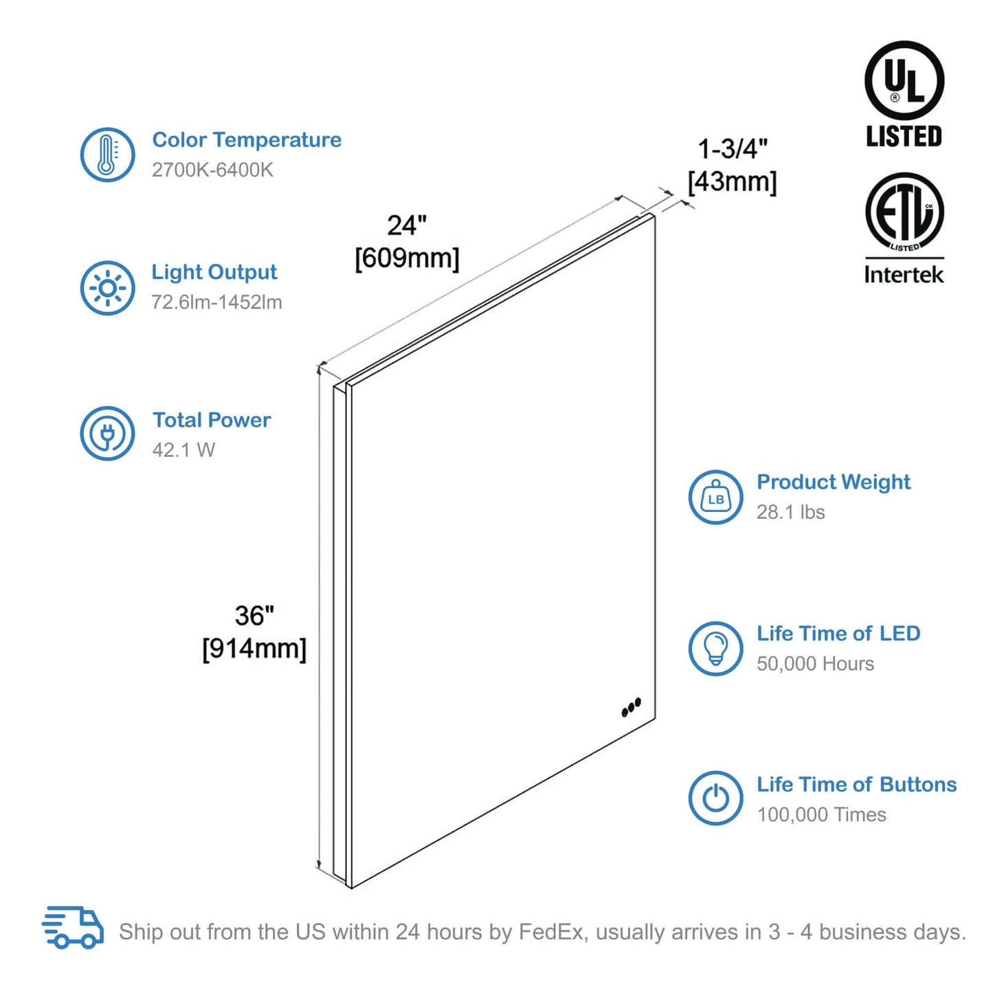 Blossom Beta LED Mirror Frosted Sides 24" x 36" spec