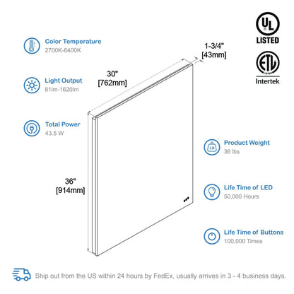 Blossom Beta LED Mirror Frosted Sides 30" x 36" spec