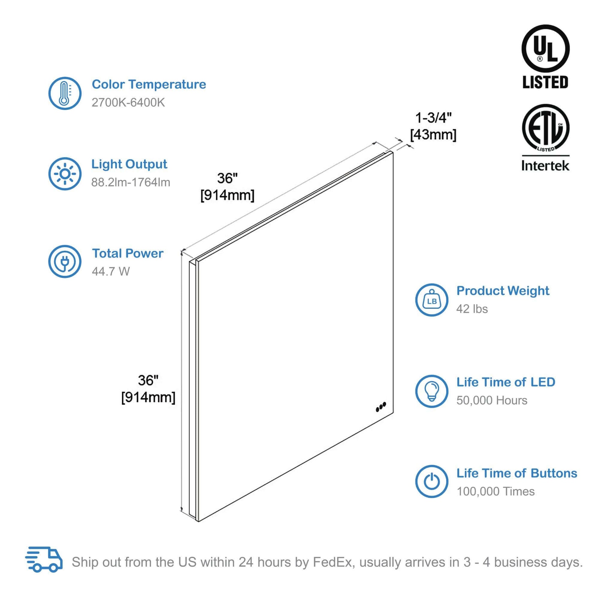 Blossom Beta LED Mirror Frosted Sides 36" x 36"  spec