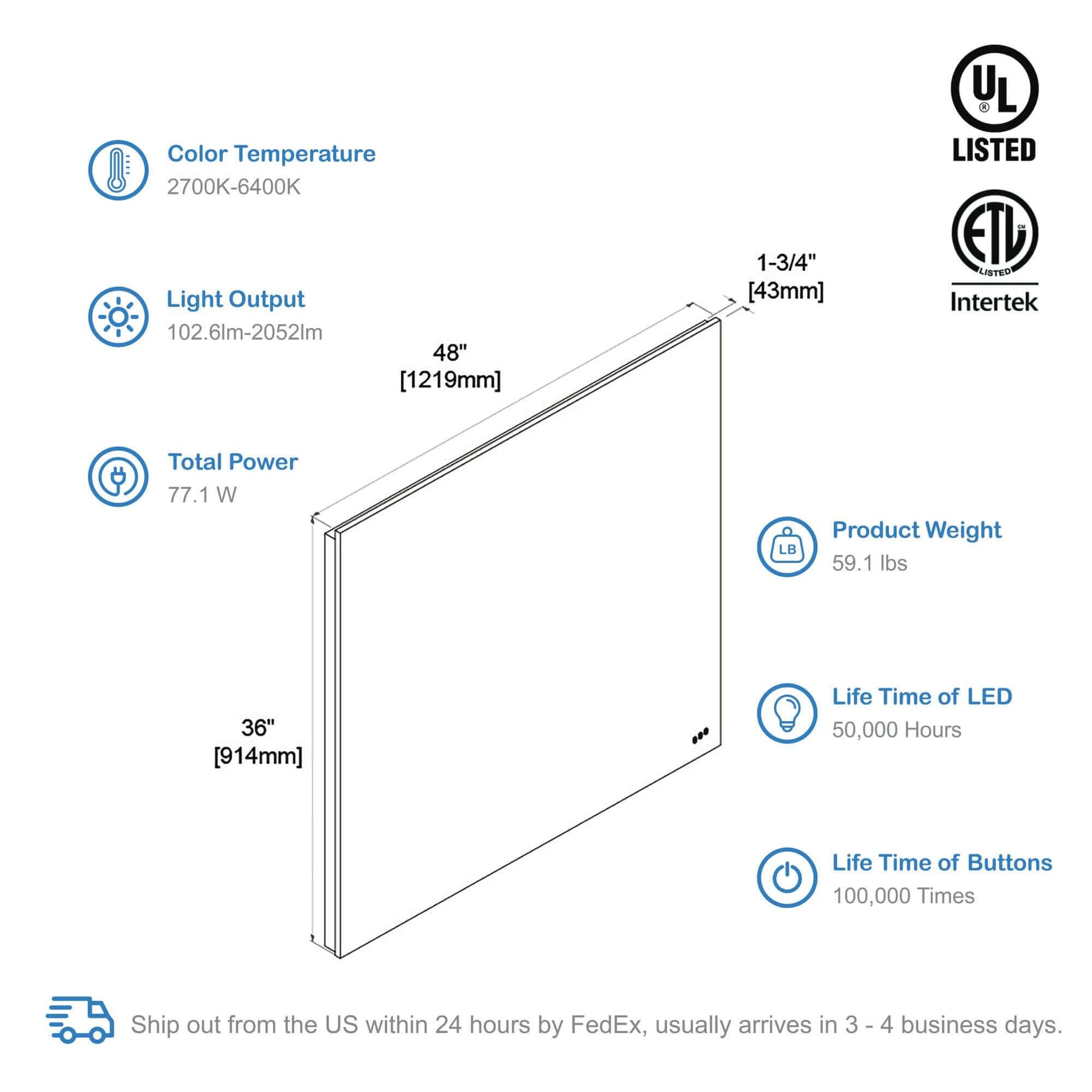 Blossom Beta LED Mirror Frosted Sides 48" x 36"  spec