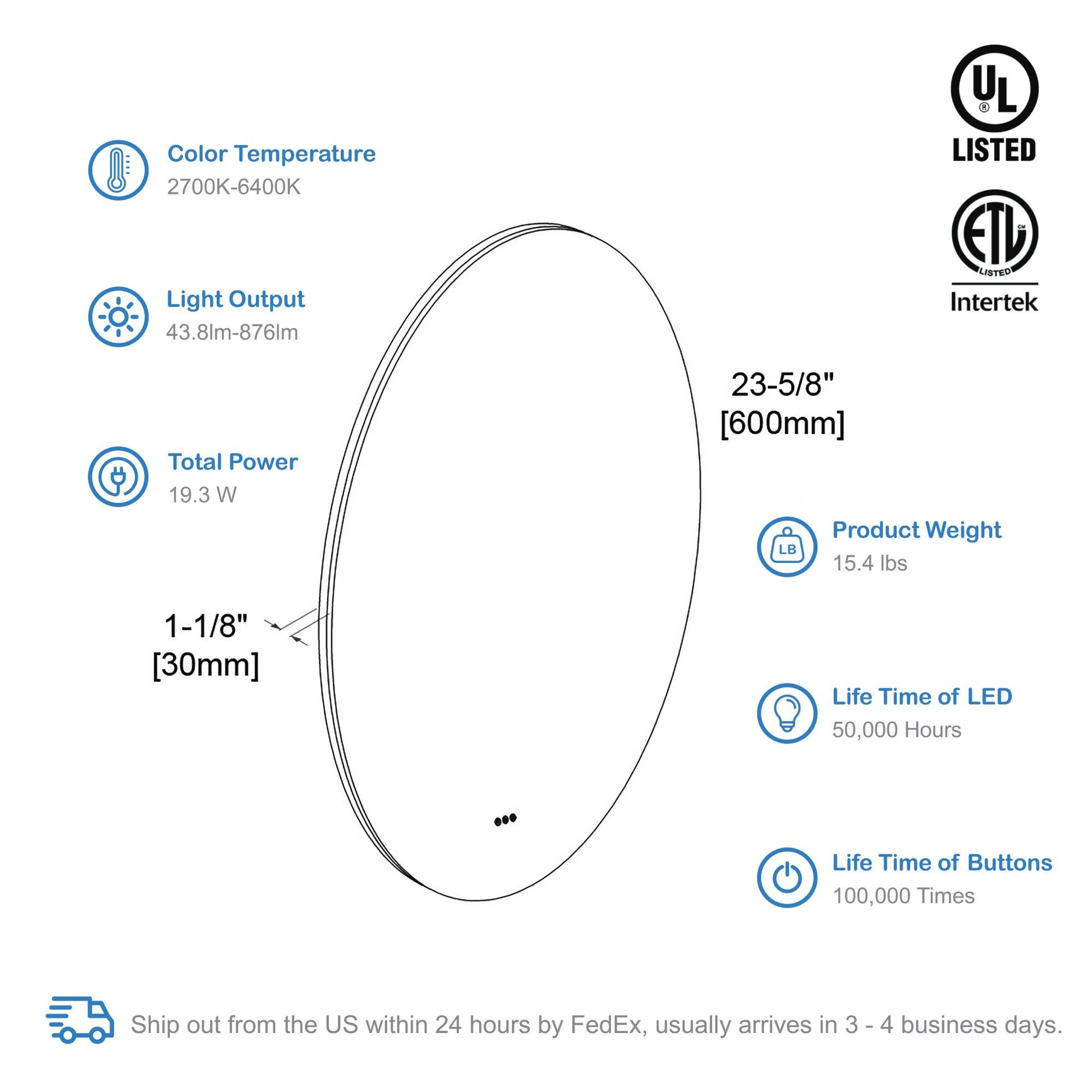 Blossom Orion Round LED Frosted Side Mirror, Adjustable Light, Built-In Defogger, 24" spec