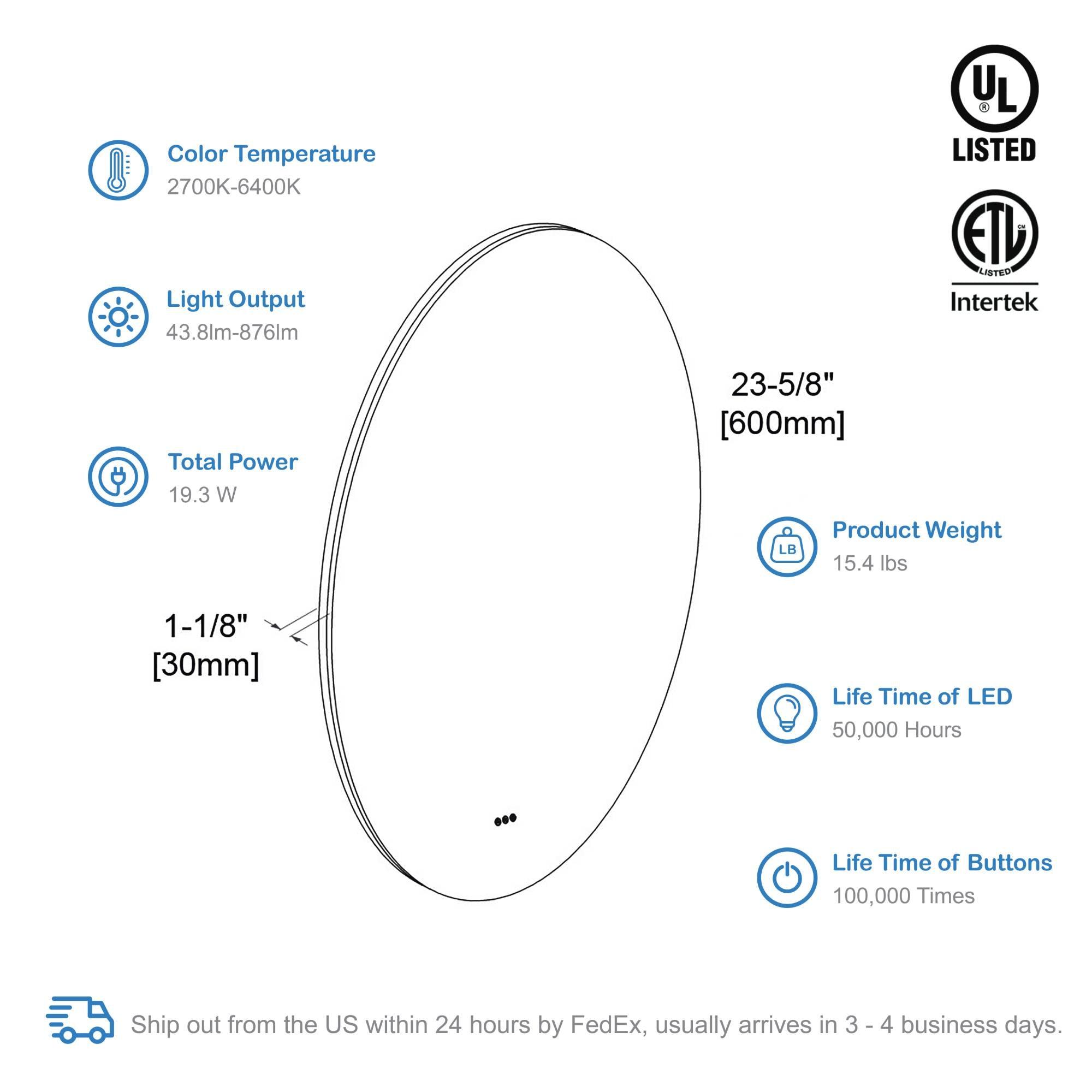 Blossom Orion Round LED Frosted Side Mirror, Adjustable Light, Built-In Defogger, 24" spec