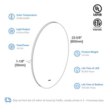 Load image into Gallery viewer, Blossom Orion Round LED Frosted Side Mirror, Adjustable Light, Built-In Defogger, 24&quot; spec