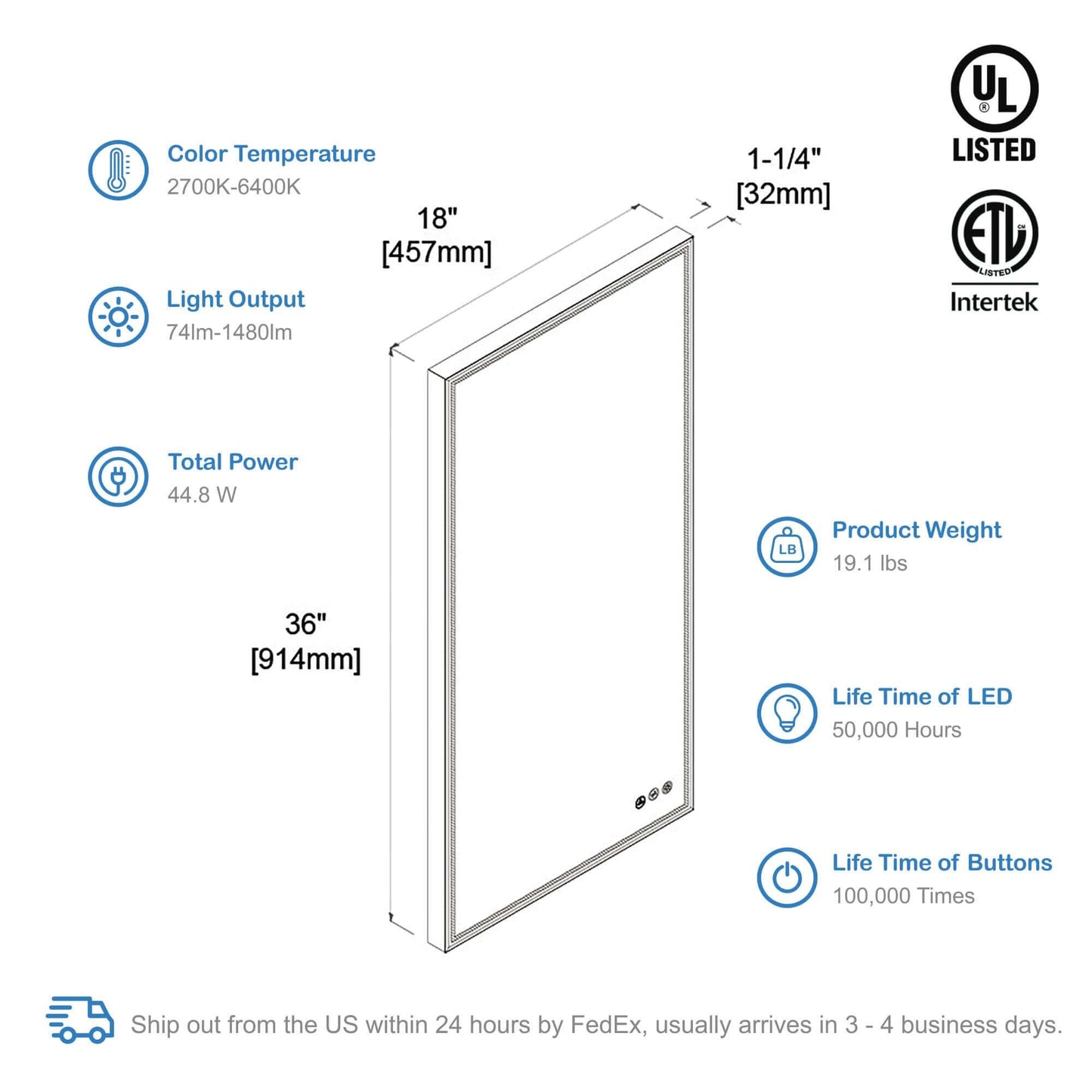 Blossom Stellar LED Mirror, 18"x36", spec