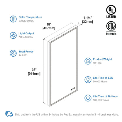 Blossom Stellar LED Mirror, 18"x36", spec