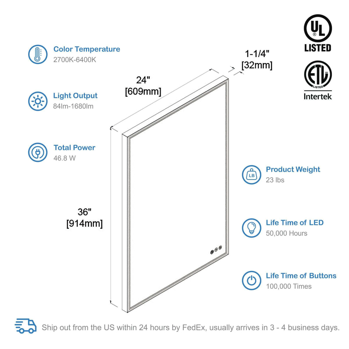 Blossom Stellar LED Mirror, 24"x36", spec