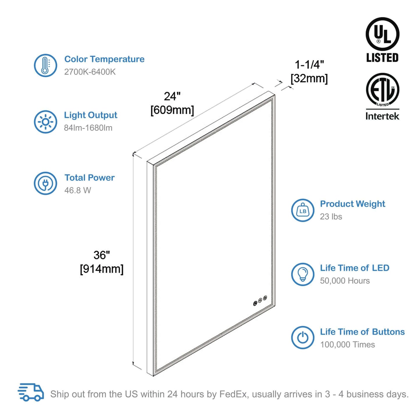 Blossom Stellar LED Mirror, 24"x36", spec