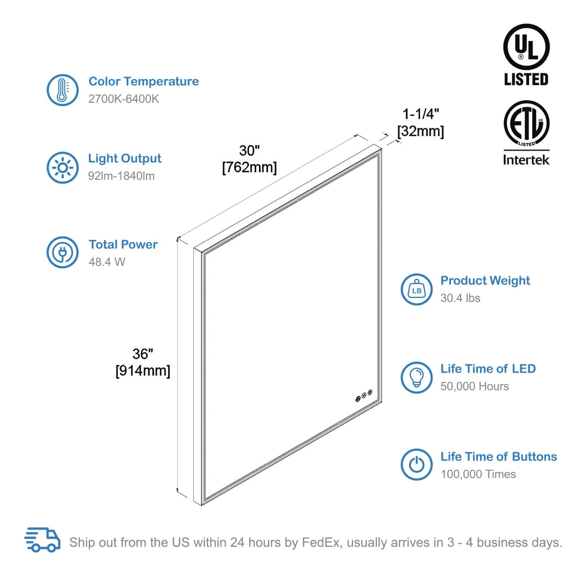 Blossom Stellar LED Mirror, 30"x36", spec