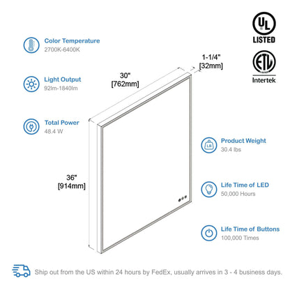 Blossom Stellar LED Mirror, 30"x36", spec