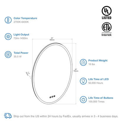 Blossom Oval LED Mirror Frosted Sideת Touch Control & Dual Mounting, 20" x 30" spec