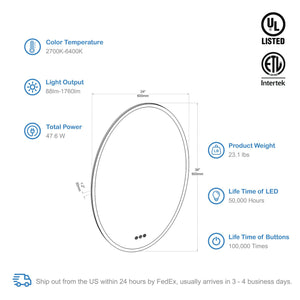 Blossom Oval LED Mirror Frosted Sideת Touch Control & Dual Mounting, 24" x 36" spec